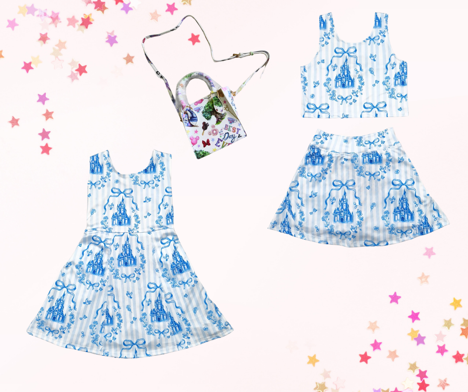 Girls Athletic Dress or Skort Set β Matching Prints| Blue Coquette Castle| Built-In Shorts