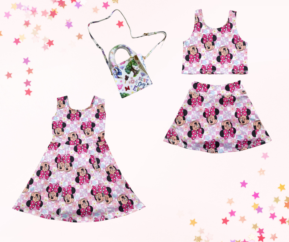 Girls Athletic Dress or Skort Set – Matching Prints| Retro Pink Mouse Ears| Built-In Shorts