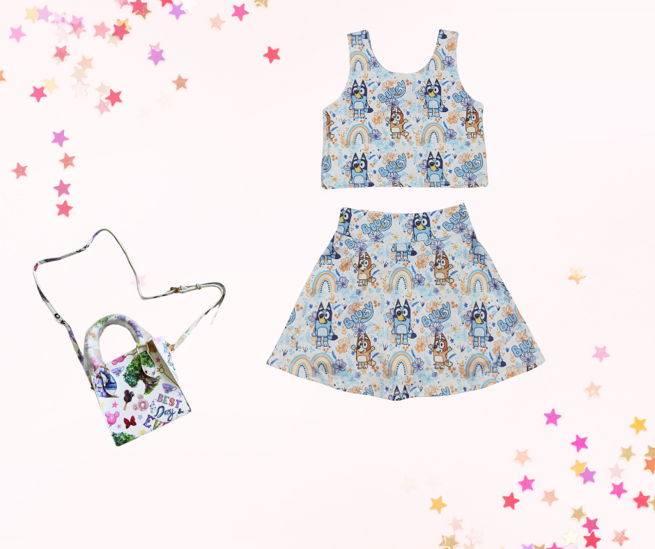 Girls Athletic Skort Set – Blue Dog Inspired Print | Built-In Shorts with Pockets