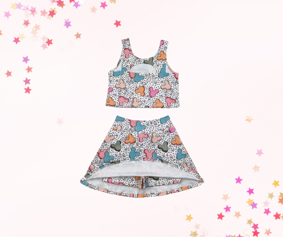 Girls Athletic Skort Set – Mouse Ears Balloon Print | Built-In Shorts with Pockets