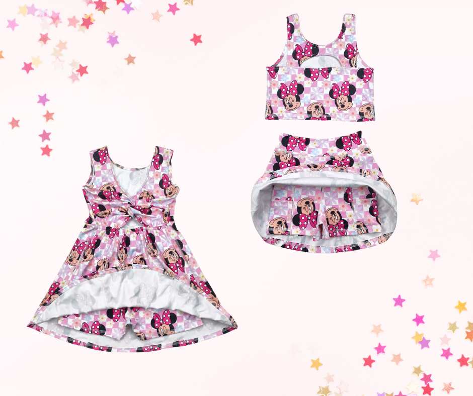 Girls Athletic Dress or Skort Set – Matching Prints| Retro Pink Mouse Ears| Built-In Shorts