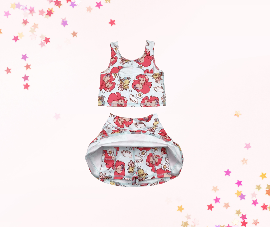 Girls Athletic Skort Set β Mermaid Princess Print | Built-In Shorts with Pockets