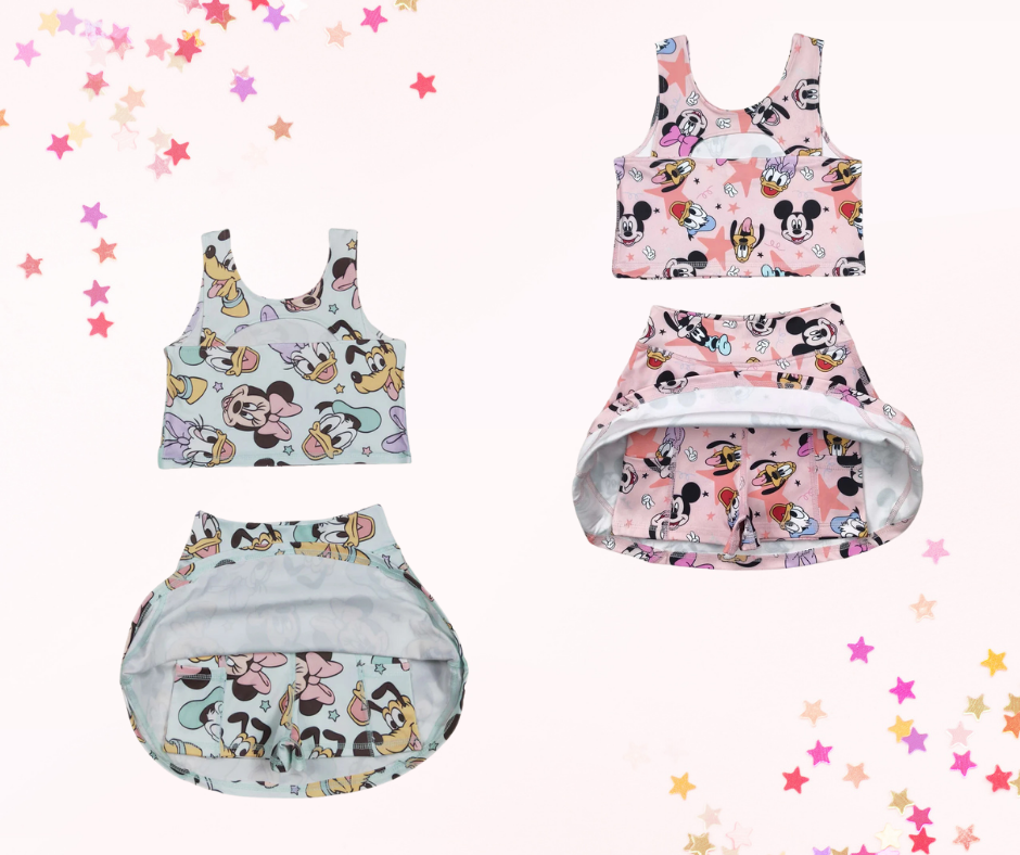 Girls Skort Set – Mouse Ears Balloon (Pink or Blue) | Built-In Shorts & Pockets