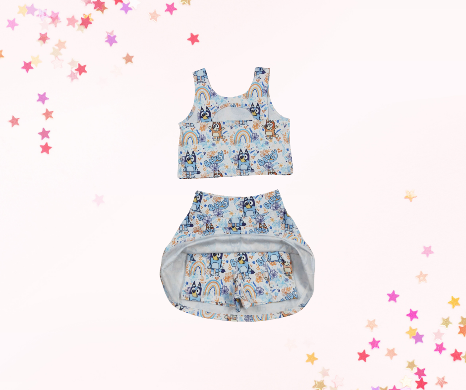 Girls Athletic Skort Set – Blue Dog Inspired Print | Built-In Shorts with Pockets