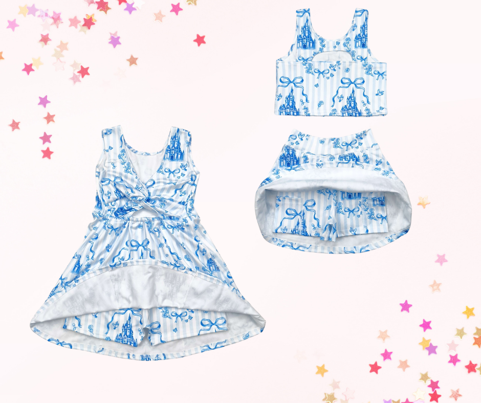 Girls Athletic Dress or Skort Set β Matching Prints| Blue Coquette Castle| Built-In Shorts