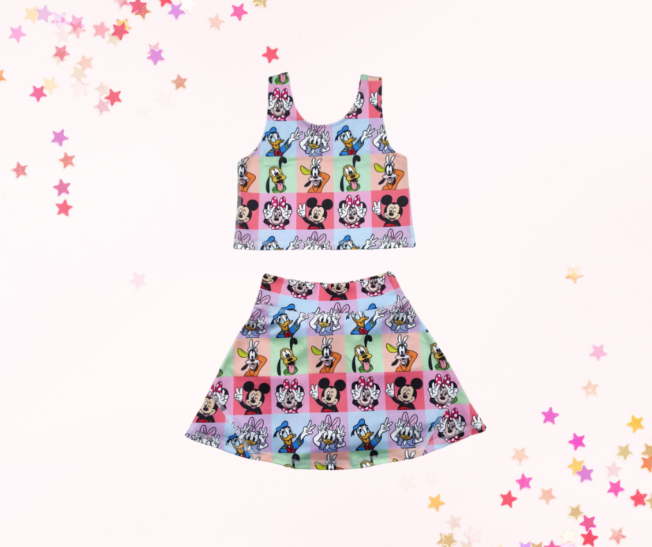 Girls Athletic Skort Set – Retro Mouse Characters Print | Built-In Shorts with Pockets