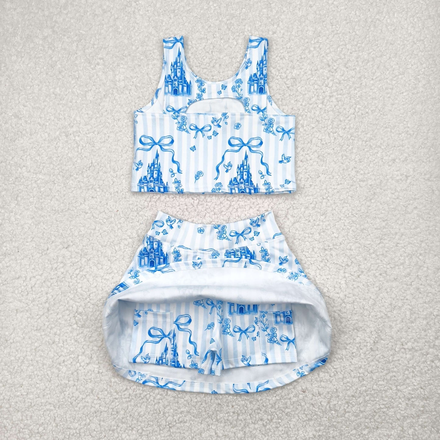 Girls Athletic Dress or Skort Set β Matching Prints| Blue Coquette Castle| Built-In Shorts