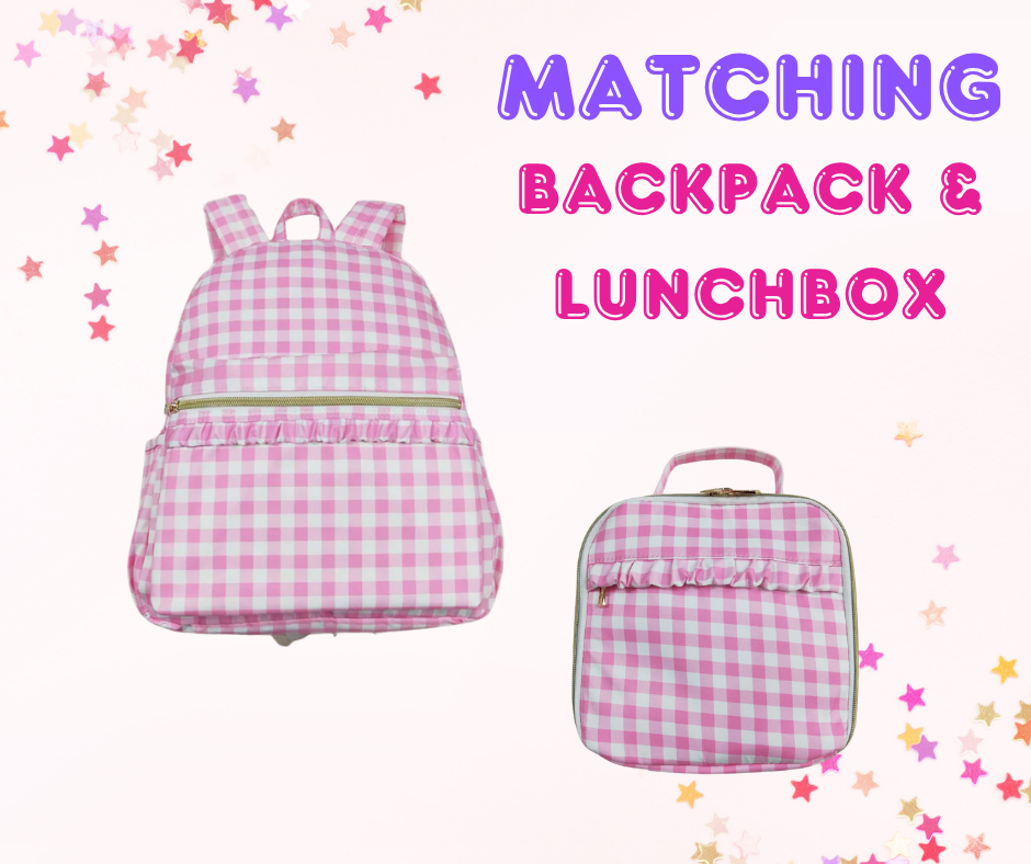 Matching Kids Backpack & Lunchbox Set – Pink Plaid or Floral Ruffle