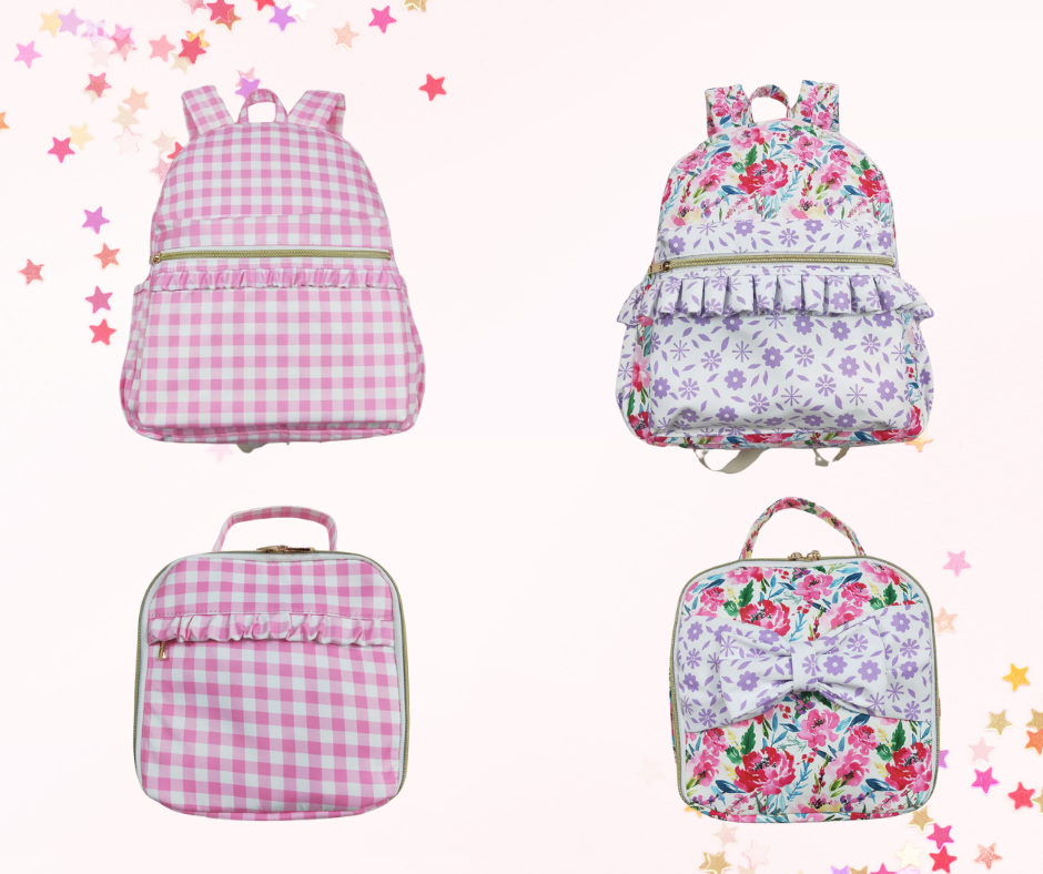 Matching Kids Backpack & Lunchbox Set – Pink Plaid or Floral Ruffle