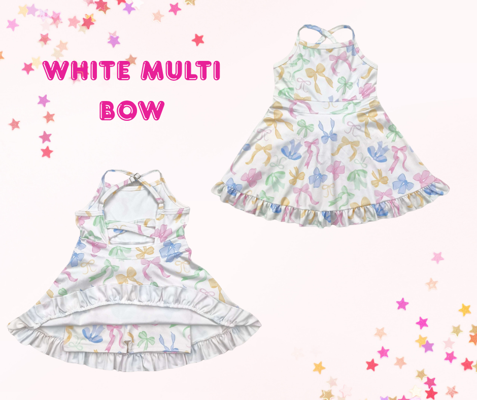 Girls Athletic Dress – Coquette Bow Prints (6 Options) | Spaghetti Straps Cross-Back | Built-In Shorts