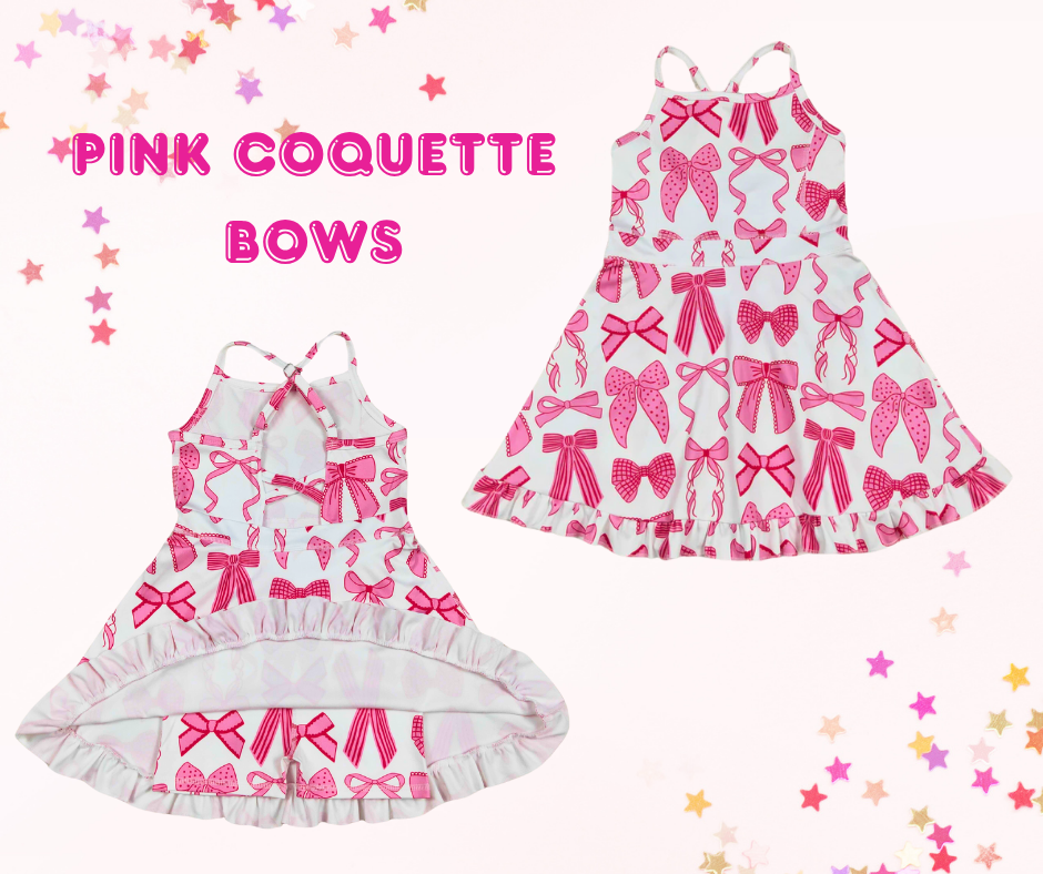 Girls Athletic Dress – Coquette Bow Prints (6 Options) | Spaghetti Straps Cross-Back | Built-In Shorts