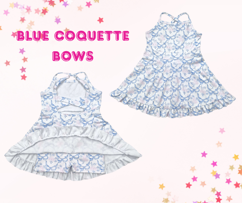 Girls Athletic Dress – Coquette Bow Prints (6 Options) | Spaghetti Straps Cross-Back | Built-In Shorts