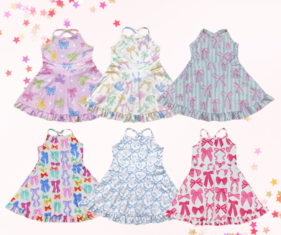 Girls Athletic Dress – Coquette Bow Prints (6 Options) | Spaghetti Straps Cross-Back | Built-In Shorts