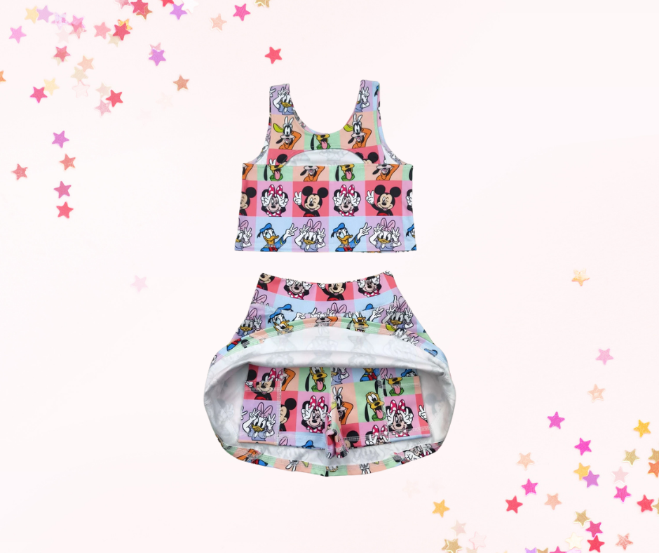 Girls Athletic Skort Set – Retro Mouse Characters Print | Built-In Shorts with Pockets