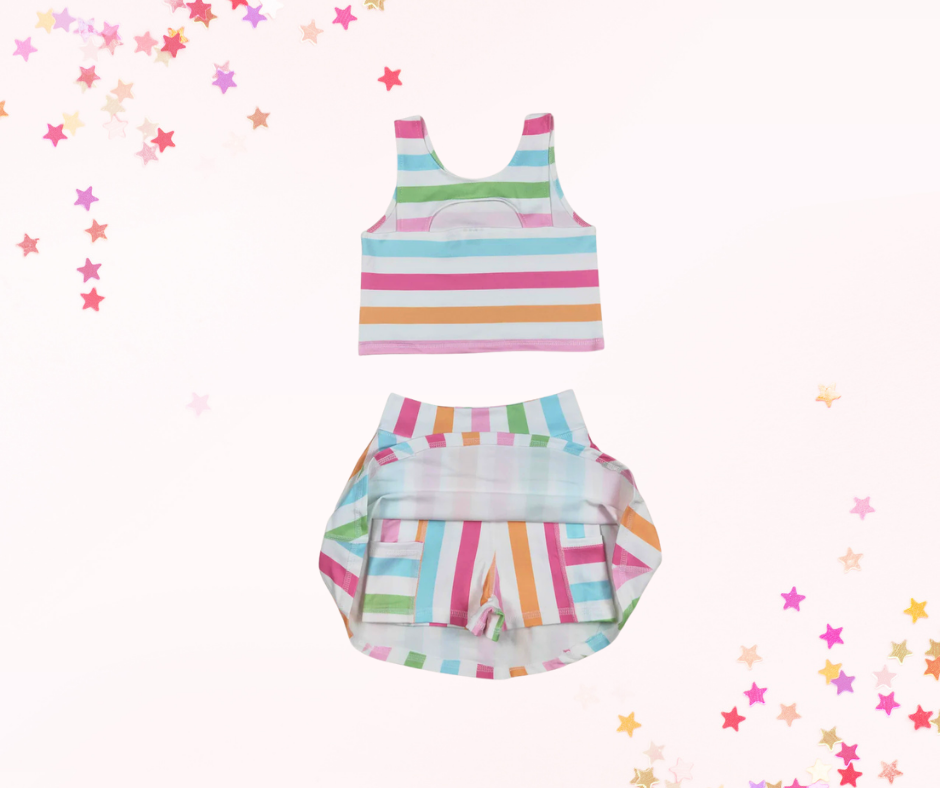 Girls Athletic Skort Set – Colored Stripes Print | Built-In Shorts with Pockets