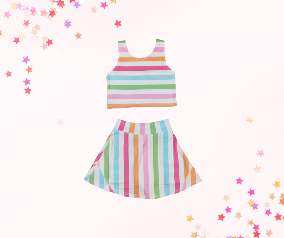Girls Athletic Skort Set – Colored Stripes Print | Built-In Shorts with Pockets