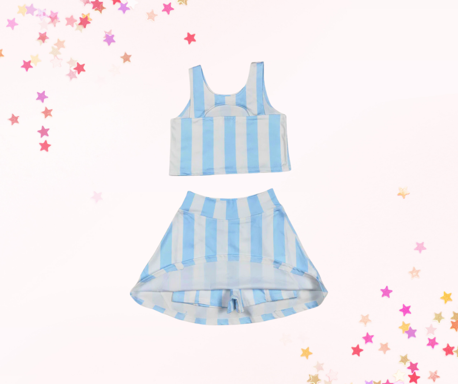 Girls Athletic Skort Set – Blue Stripes Print | Built-In Shorts with Pockets