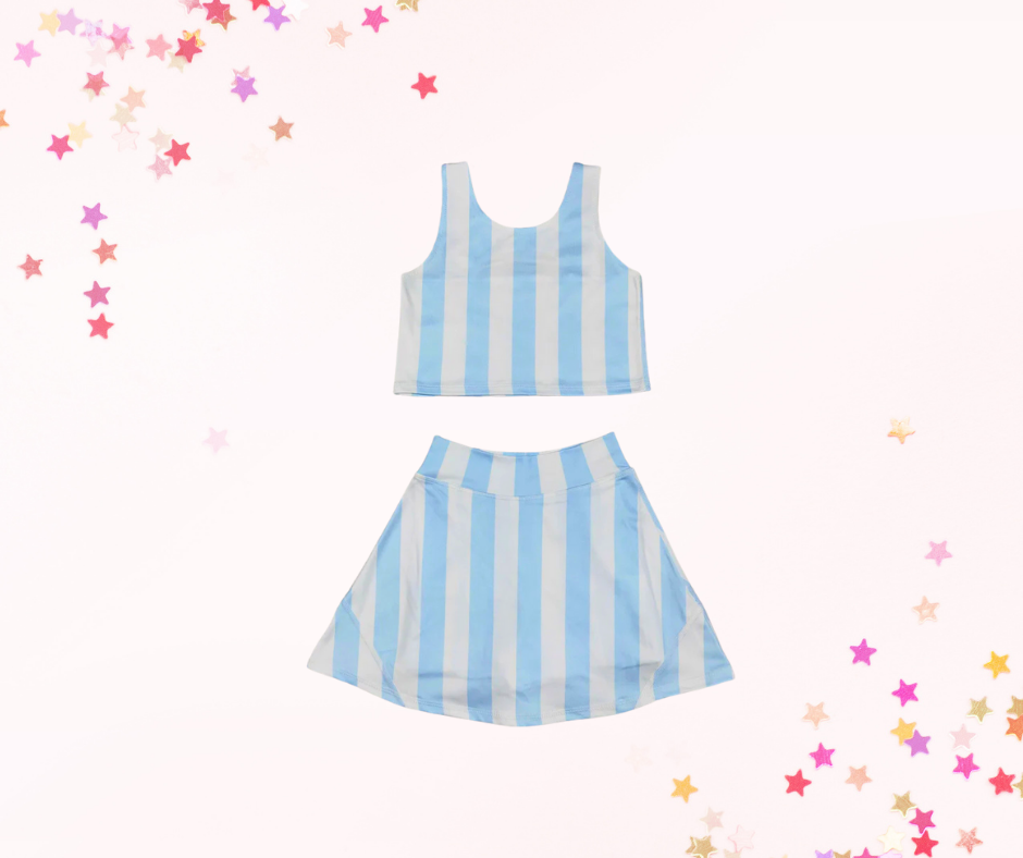 Girls Athletic Skort Set – Blue Stripes Print | Built-In Shorts with Pockets
