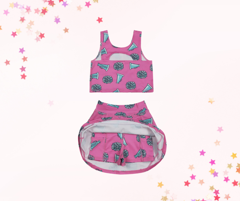 Girls Athletic Skort Set – Pink Cheer Pom Print | Built-In Shorts with Pockets