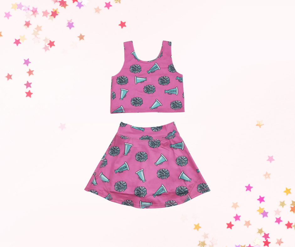 Girls Athletic Skort Set – Pink Cheer Pom Print | Built-In Shorts with Pockets