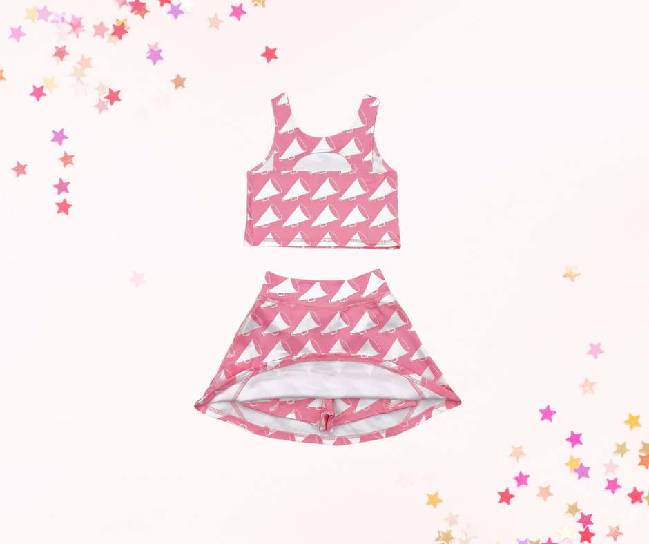 Girls Athletic Skort Set – Pink Cheer Print | Built-In Shorts with Pockets