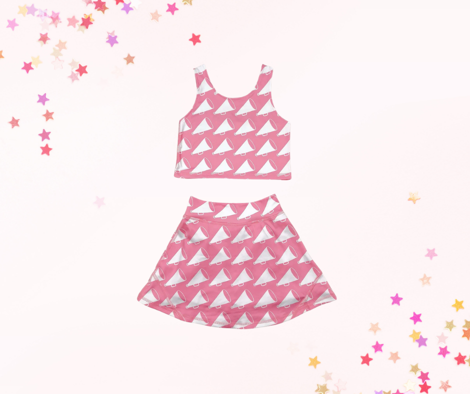 Girls Athletic Skort Set – Pink Cheer Print | Built-In Shorts with Pockets