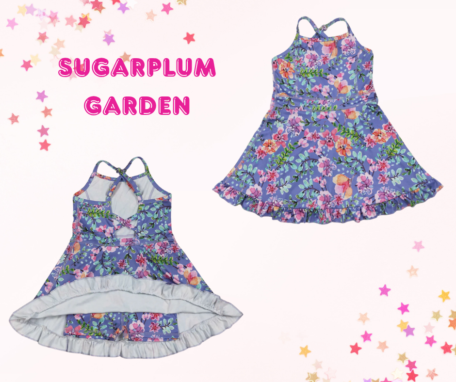 Girls Athletic Dress – Girly Floral Prints (6 Options) | Spaghetti Straps Cross-Back | Built-In Shorts