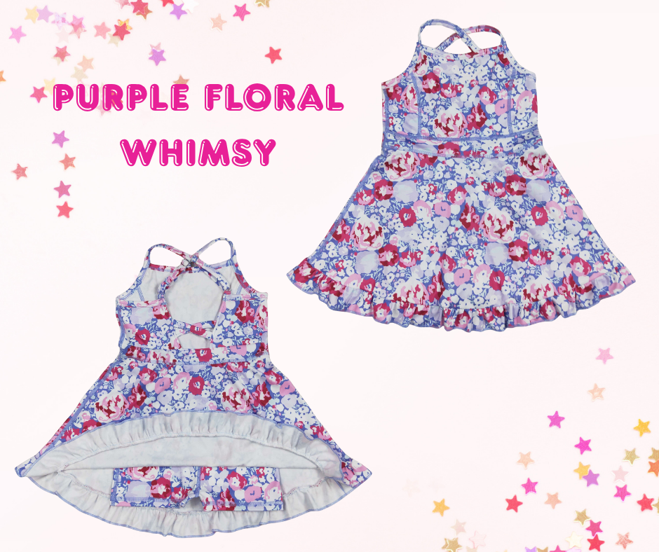 Girls Athletic Dress – Girly Floral Prints (6 Options) | Spaghetti Straps Cross-Back | Built-In Shorts