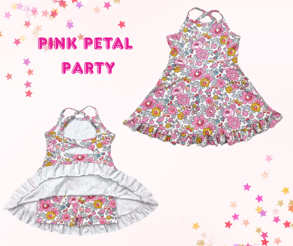 Girls Athletic Dress – Girly Floral Prints (6 Options) | Spaghetti Straps Cross-Back | Built-In Shorts