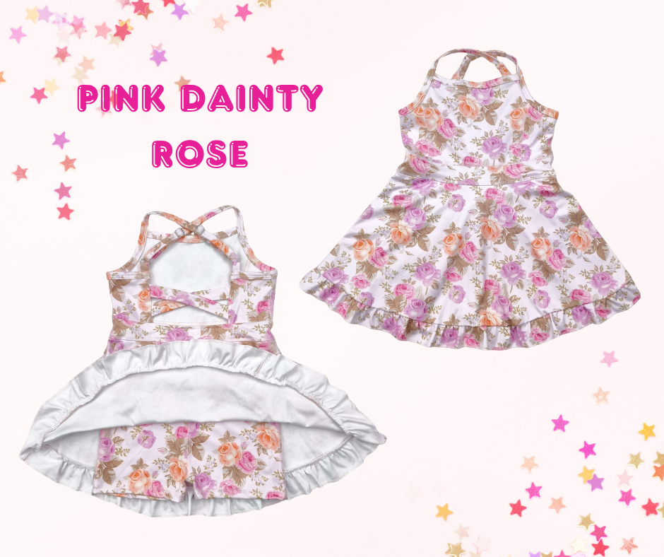 Girls Athletic Dress – Girly Floral Prints (6 Options) | Spaghetti Straps Cross-Back | Built-In Shorts