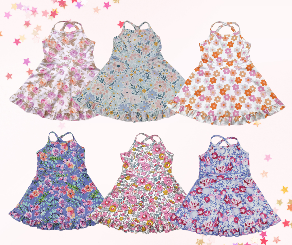 Girls Athletic Dress – Girly Floral Prints (6 Options) | Spaghetti Straps Cross-Back | Built-In Shorts