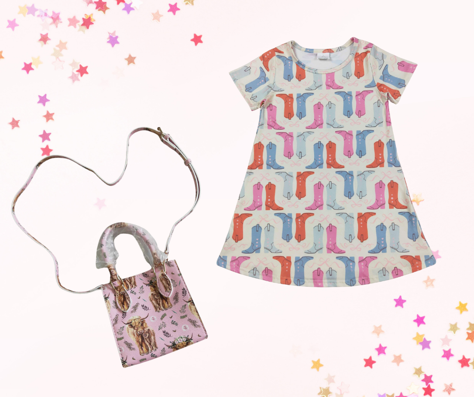 Girls Cowgirl Dress – Boots & Bows Print | Short Sleeve