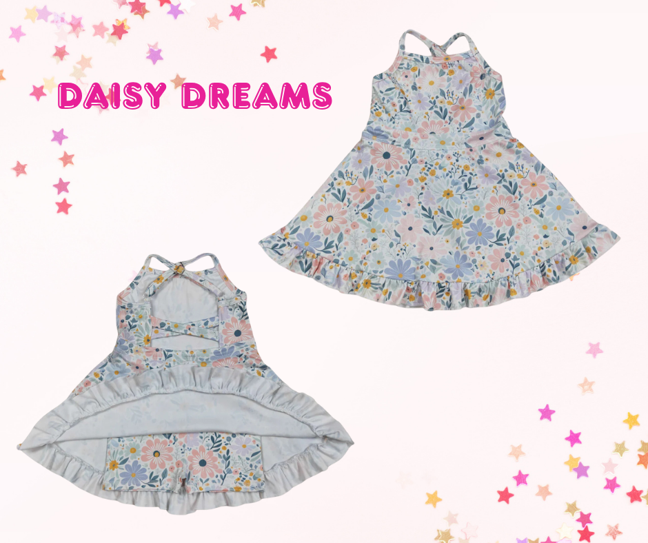 Girls Athletic Dress – Girly Floral Prints (6 Options) | Spaghetti Straps Cross-Back | Built-In Shorts