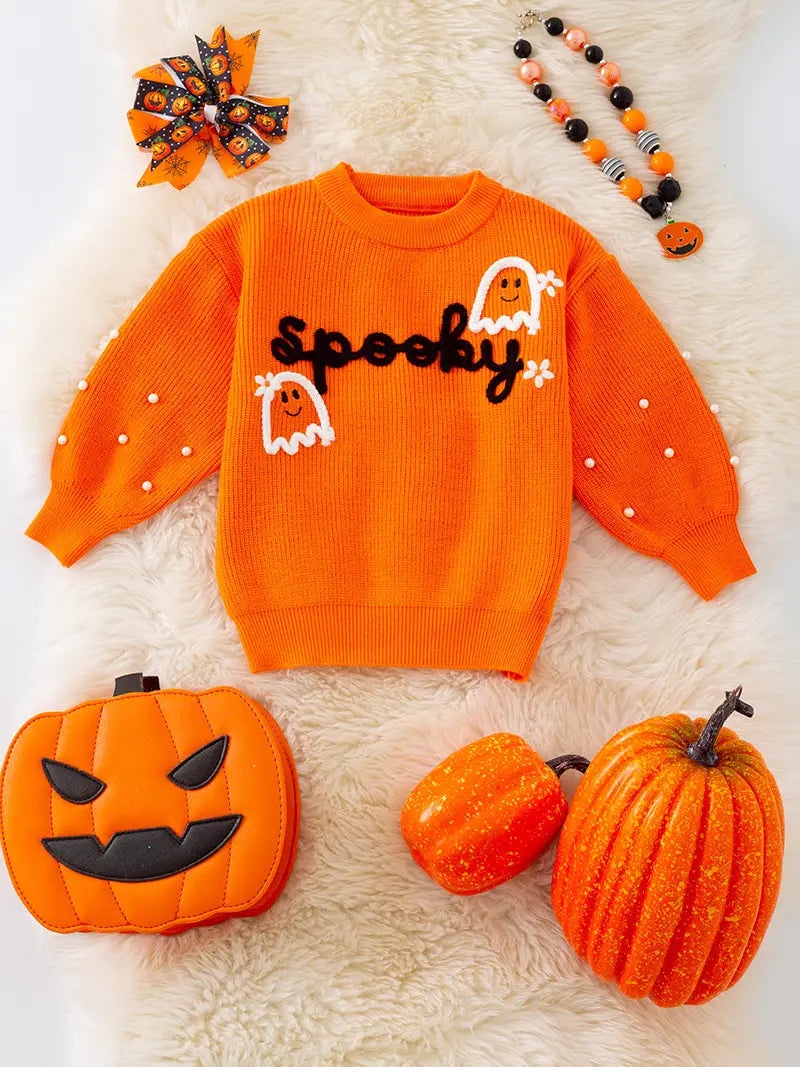 Girls Halloween Knit Sweater – Pearl Beads, Fall Pullover, “Boo” Design – Toddler & Kids Sizes – 3 Colors Available