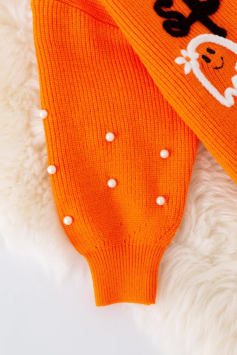 Girls Halloween Knit Sweater – Pearl Beads, Fall Pullover, “Boo” Design – Toddler & Kids Sizes – 3 Colors Available