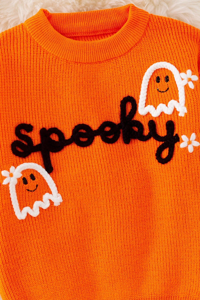Girls Halloween Knit Sweater – Pearl Beads, Fall Pullover, “Boo” Design – Toddler & Kids Sizes – 3 Colors Available