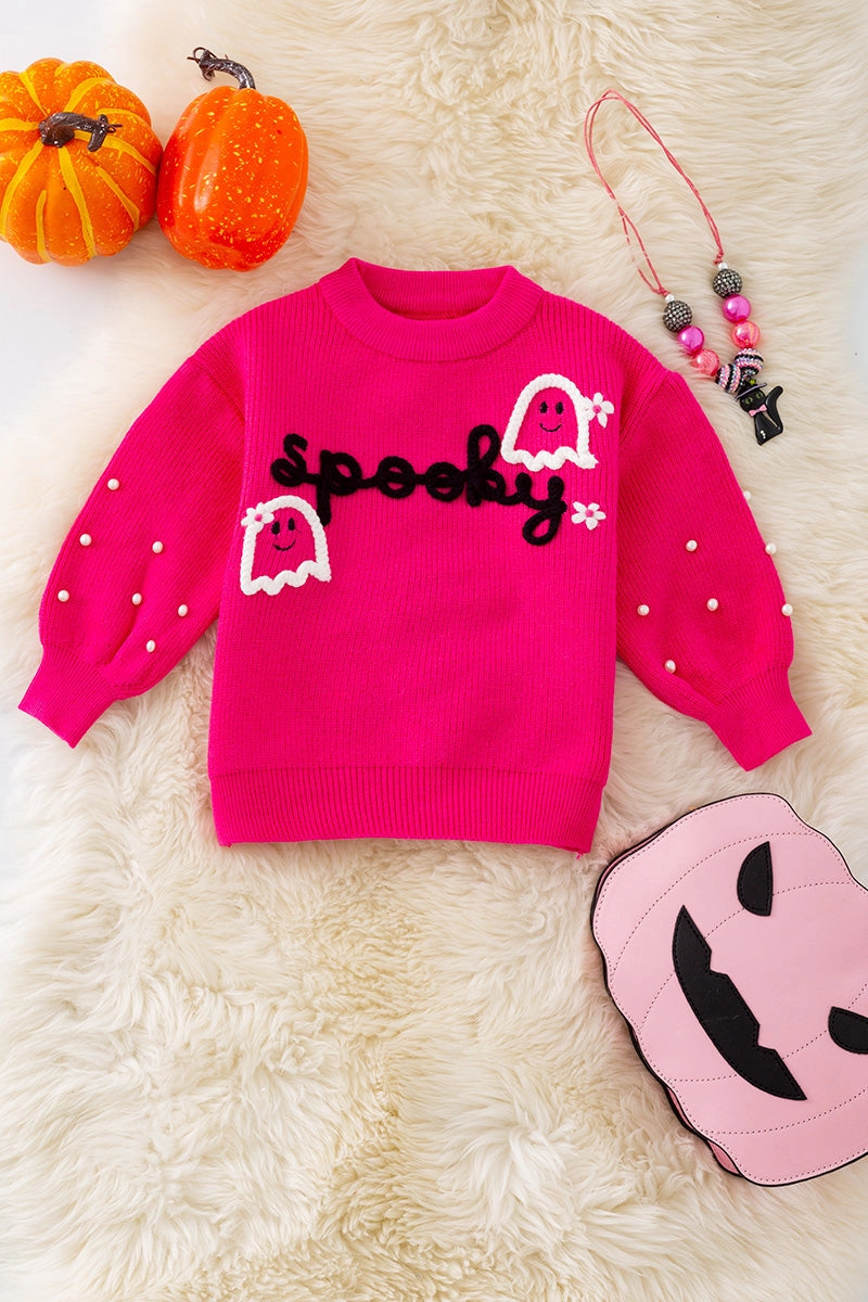 Girls Halloween Knit Sweater – Pearl Beads, Fall Pullover, “Boo” Design – Toddler & Kids Sizes – 3 Colors Available