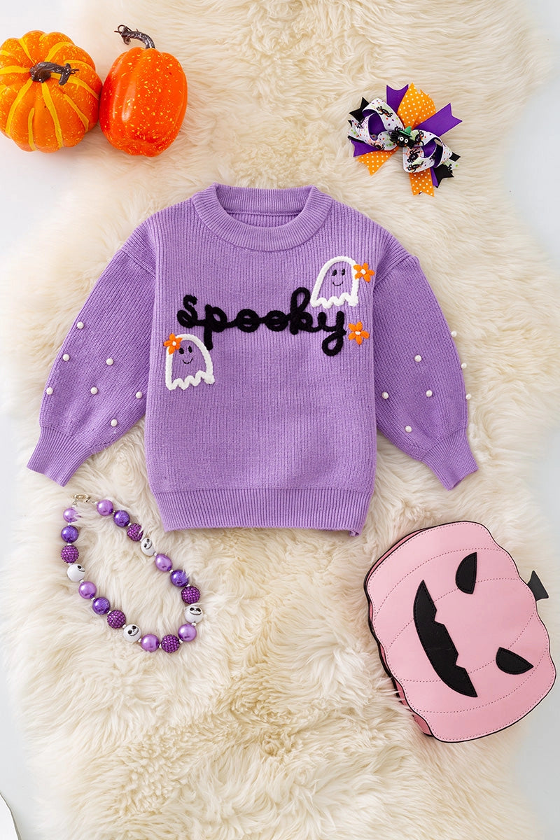 Girls Halloween Knit Sweater – Pearl Beads, Fall Pullover, “Boo” Design – Toddler & Kids Sizes – 3 Colors Available