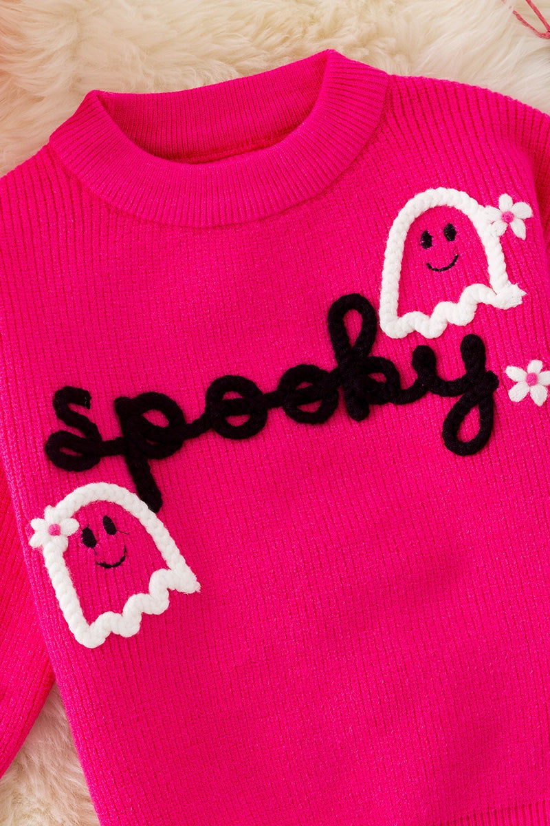 Girls Halloween Knit Sweater – Pearl Beads, Fall Pullover, “Boo” Design – Toddler & Kids Sizes – 3 Colors Available