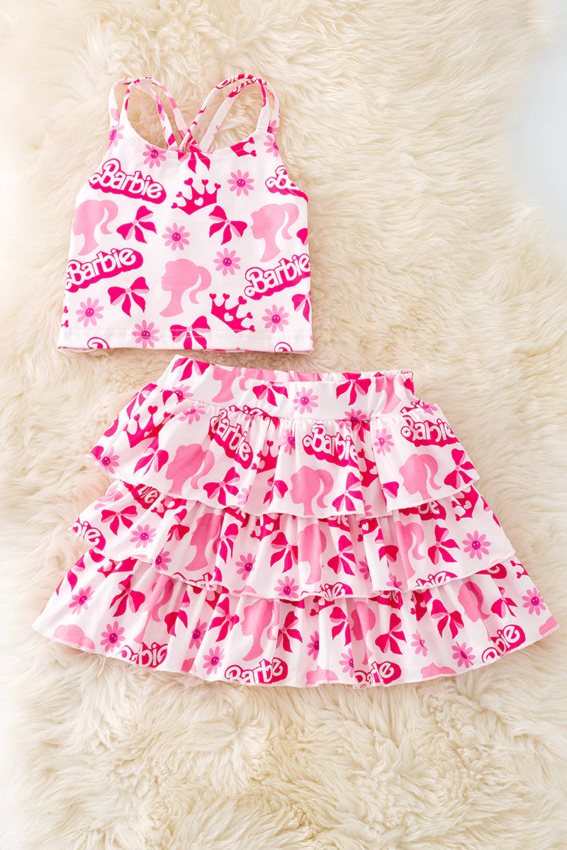 Girls Pink Doll Ruffle Skort Set – Crisscross Top Two-Piece Outfit | Limited Edition Milk Silk Set