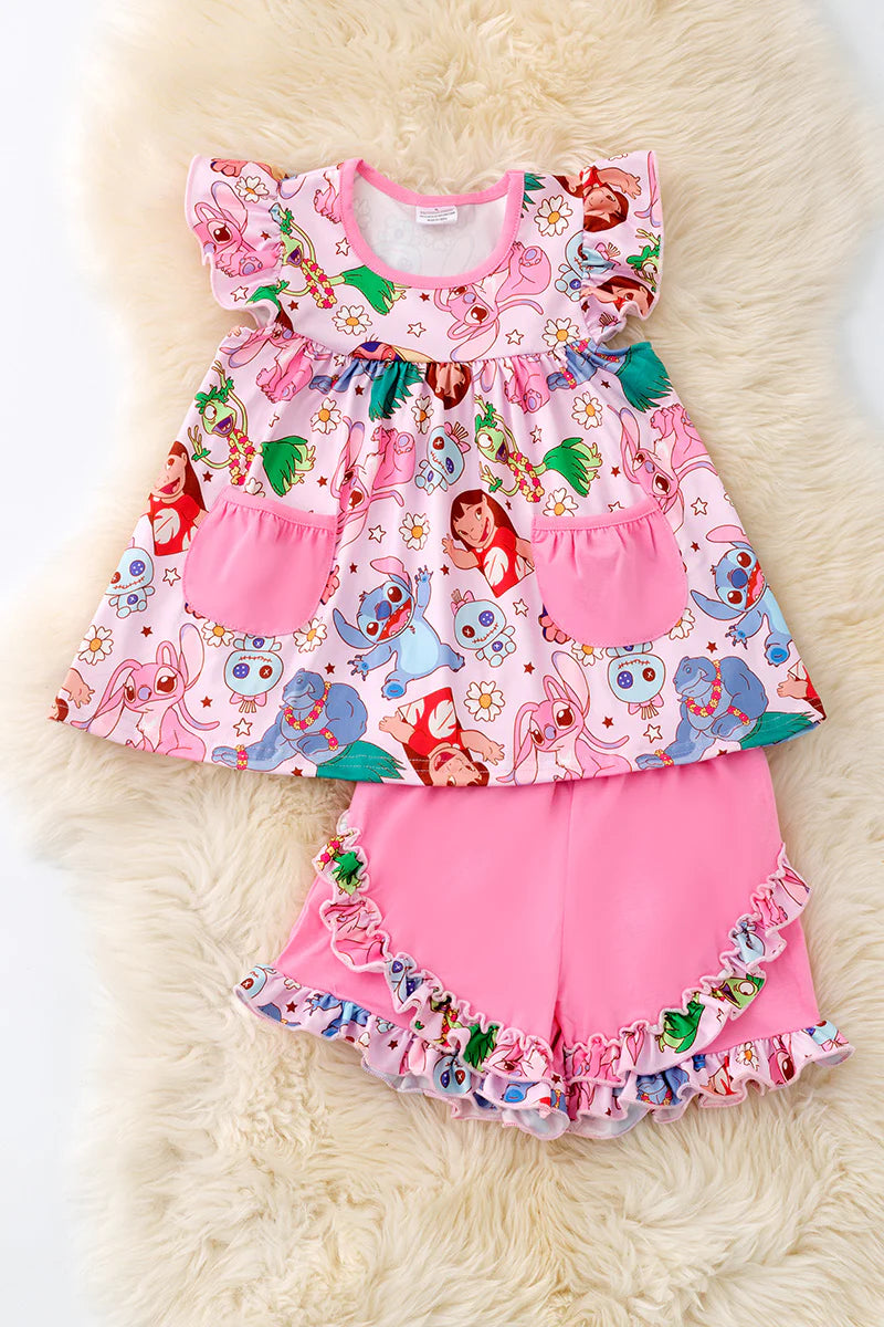 Pink Tropical Character Ruffle Short Set – Girls Summer Outfit
