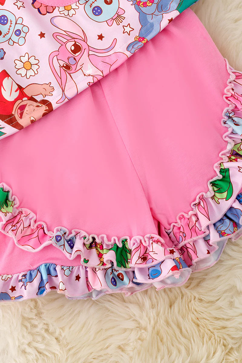Pink Tropical Character Ruffle Short Set – Girls Summer Outfit