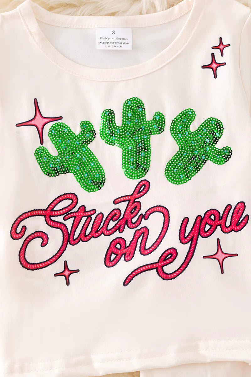 "Stuck On You" Cactus Glitter Tee & Desert Wide-Leg Pants Set – Girls Outfit