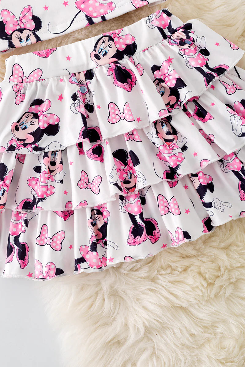Pink Mouse Cartoon Ruffle Skort Set – Girls 2-Piece Twirl Outfit (Very Limited)