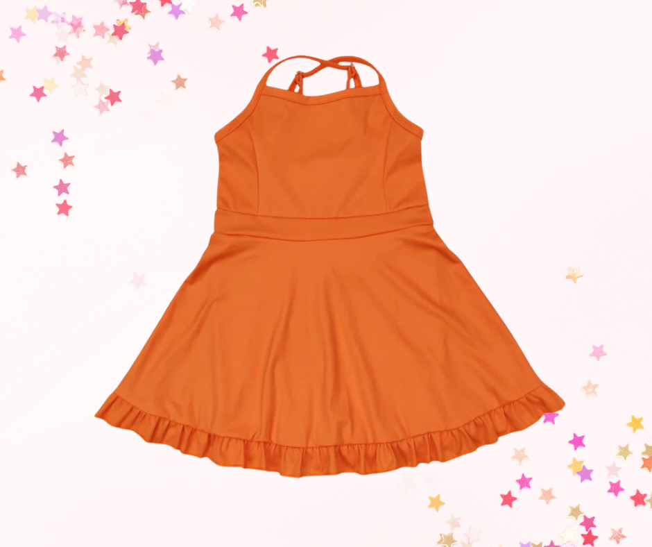 Girls Athletic Dress – Solid Colors 2 (5 Options) | Spaghetti Straps Cross-Back | Built-In Shorts