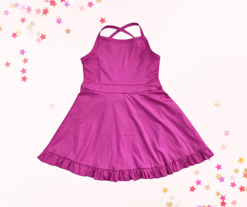 Girls Athletic Dress – Solid Colors 2 (5 Options) | Spaghetti Straps Cross-Back | Built-In Shorts