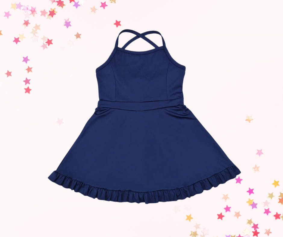 Girls Athletic Dress – Solid Colors (5 Options) | Spaghetti Straps Cross-Back | Built-In Shorts
