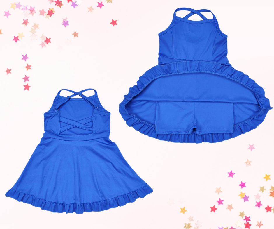 Girls Athletic Dress – Solid Colors 2 (5 Options) | Spaghetti Straps Cross-Back | Built-In Shorts