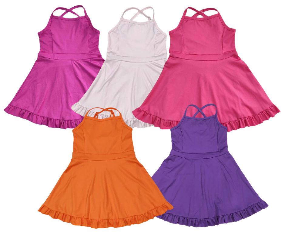 Girls Athletic Dress – Solid Colors 2 (5 Options) | Spaghetti Straps Cross-Back | Built-In Shorts