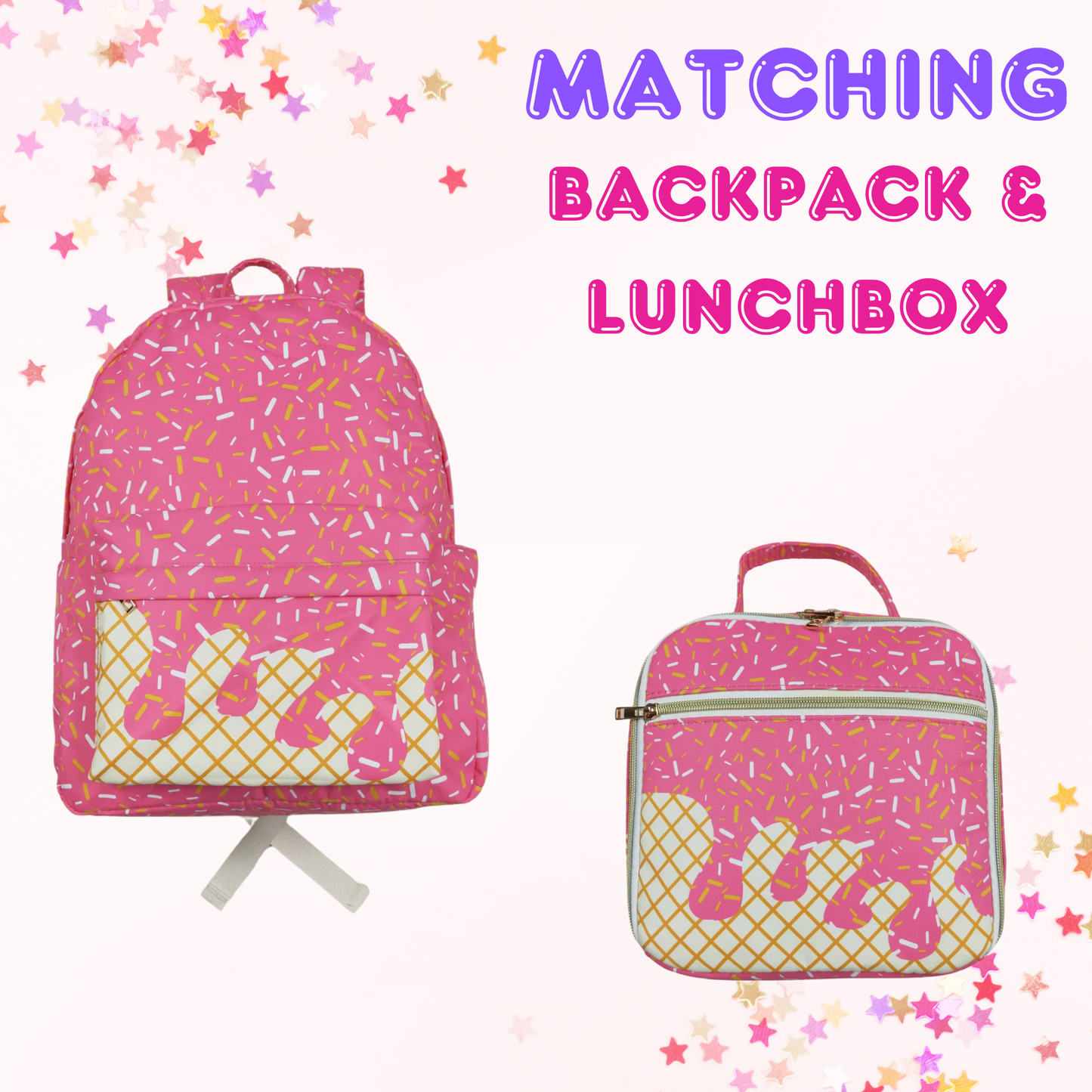 Matching Kids Backpack and Lunchbox Set for Kids – Toddler, Preschool, School, Pink or Blue Sprinkles